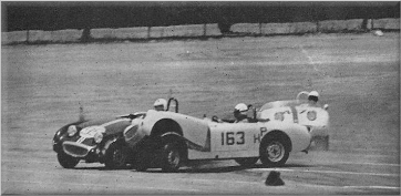 At SCCA Pomona Race, Ashley Shulter (163) spins & crashes into John Hooper's Sprite (95).